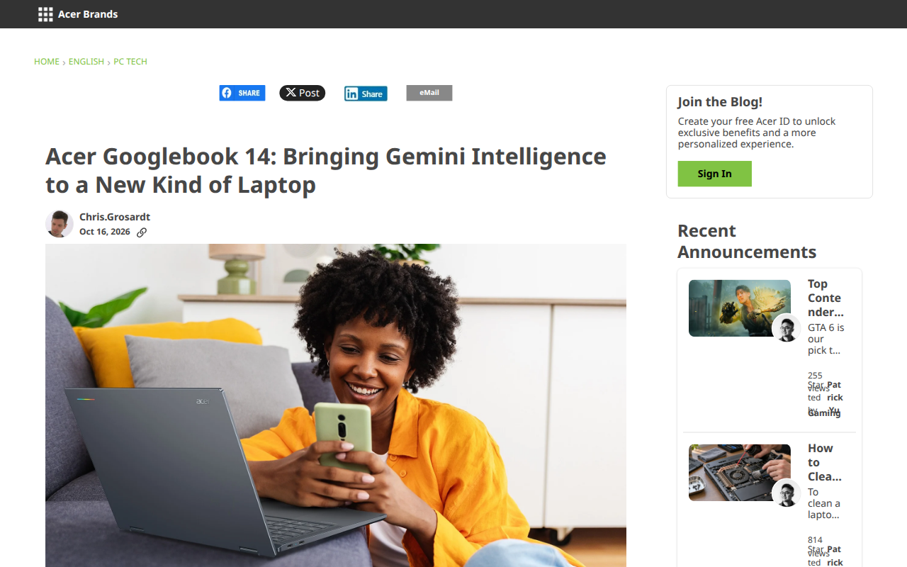Screenshot der Ankündigungsseite auf blog.acer.com