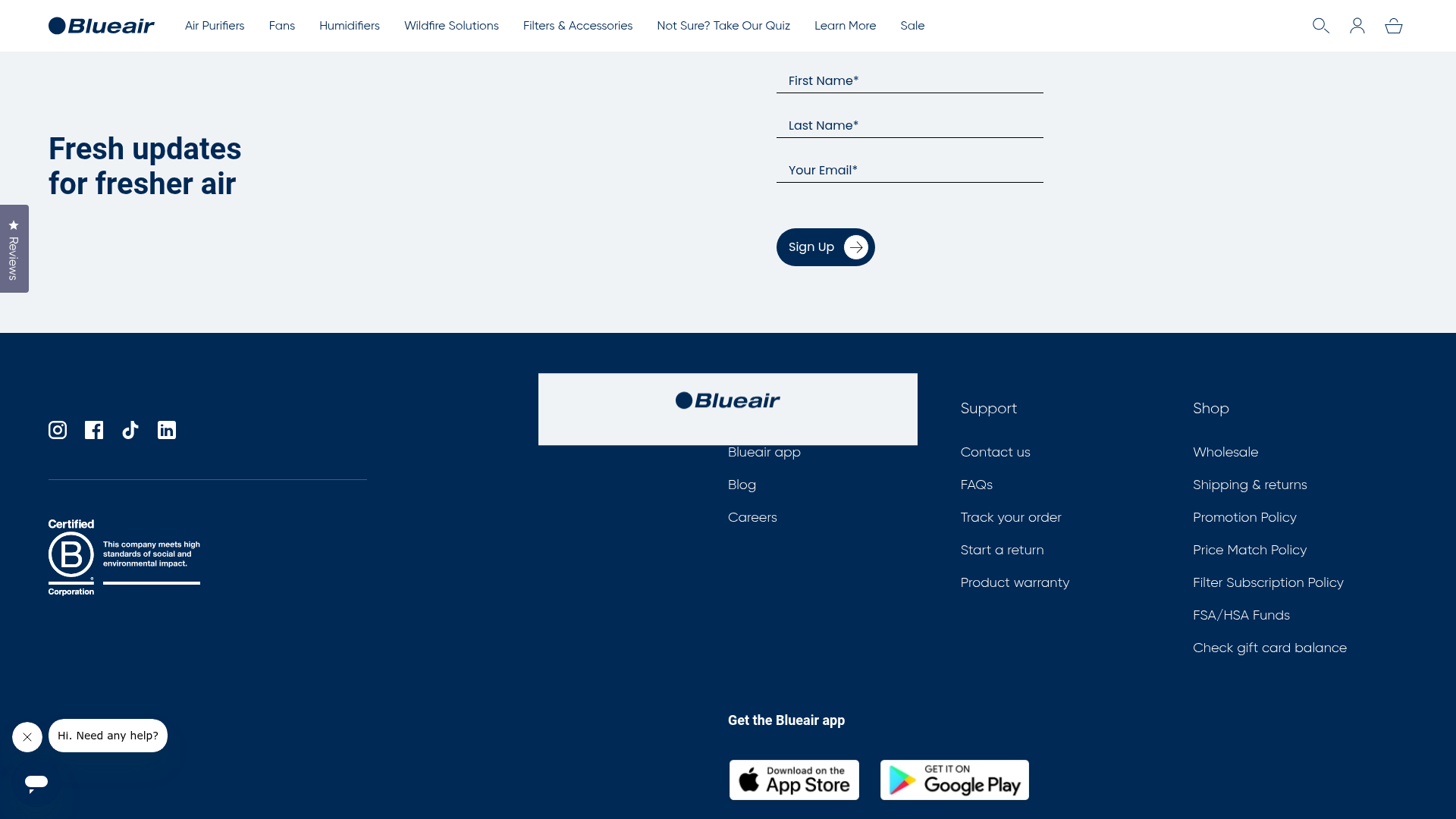 Screenshot der Ankündigungsseite auf blueair.com
