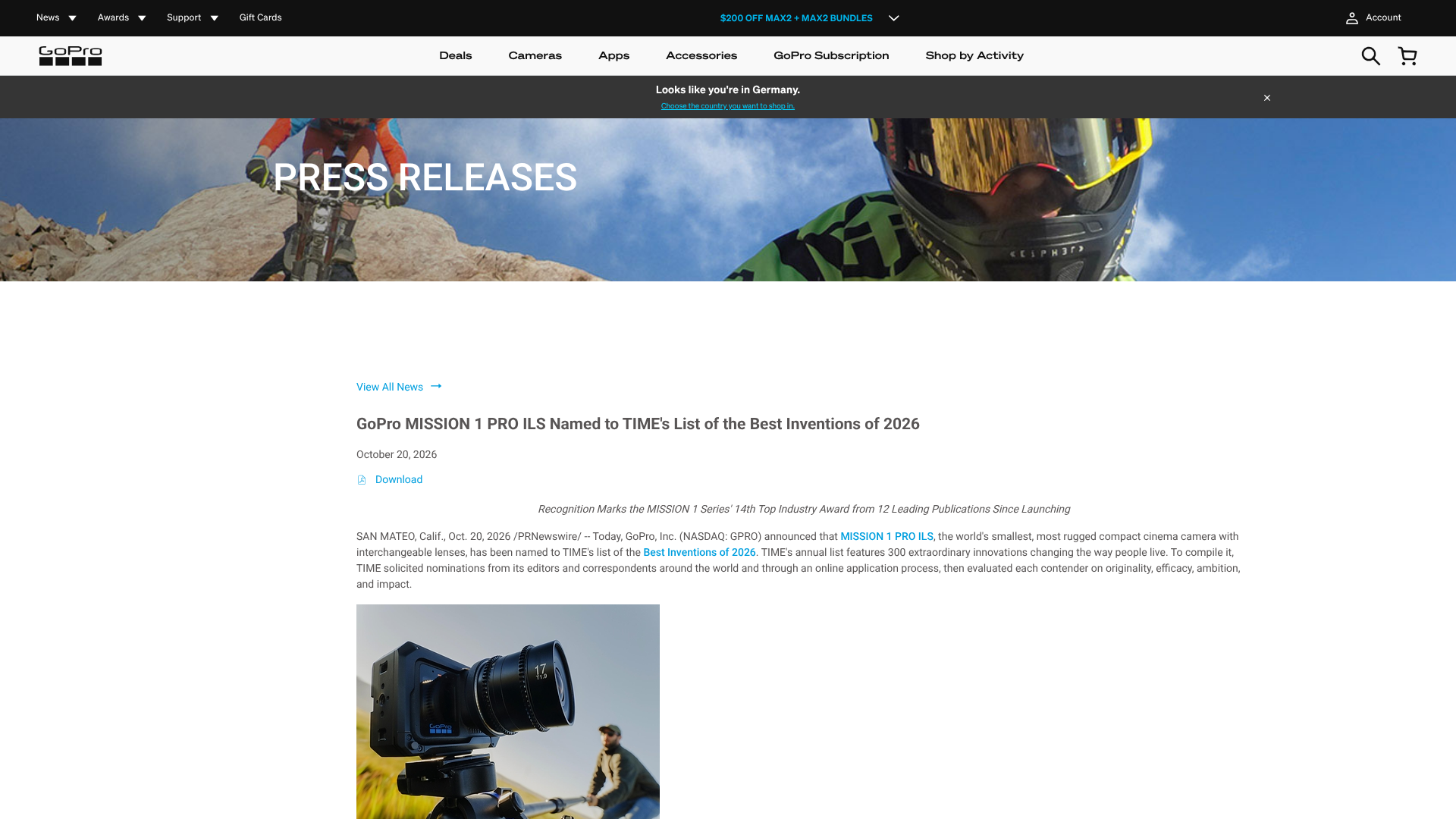 Screenshot der Ankündigungsseite auf investor.gopro.com
