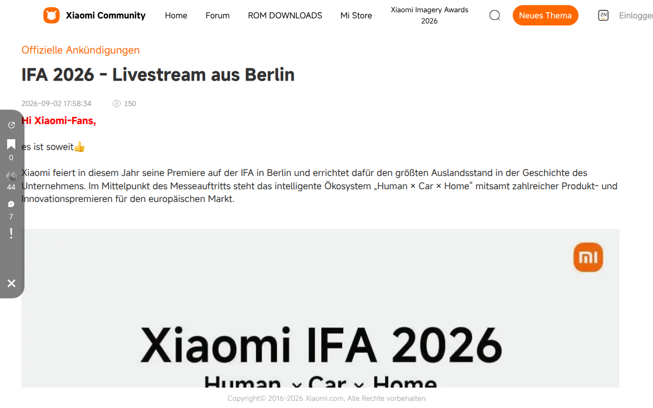 Screenshot der Ankündigungsseite auf c.mi.com