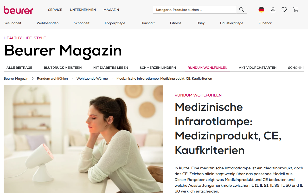 Screenshot der Ankündigungsseite auf beurer.com