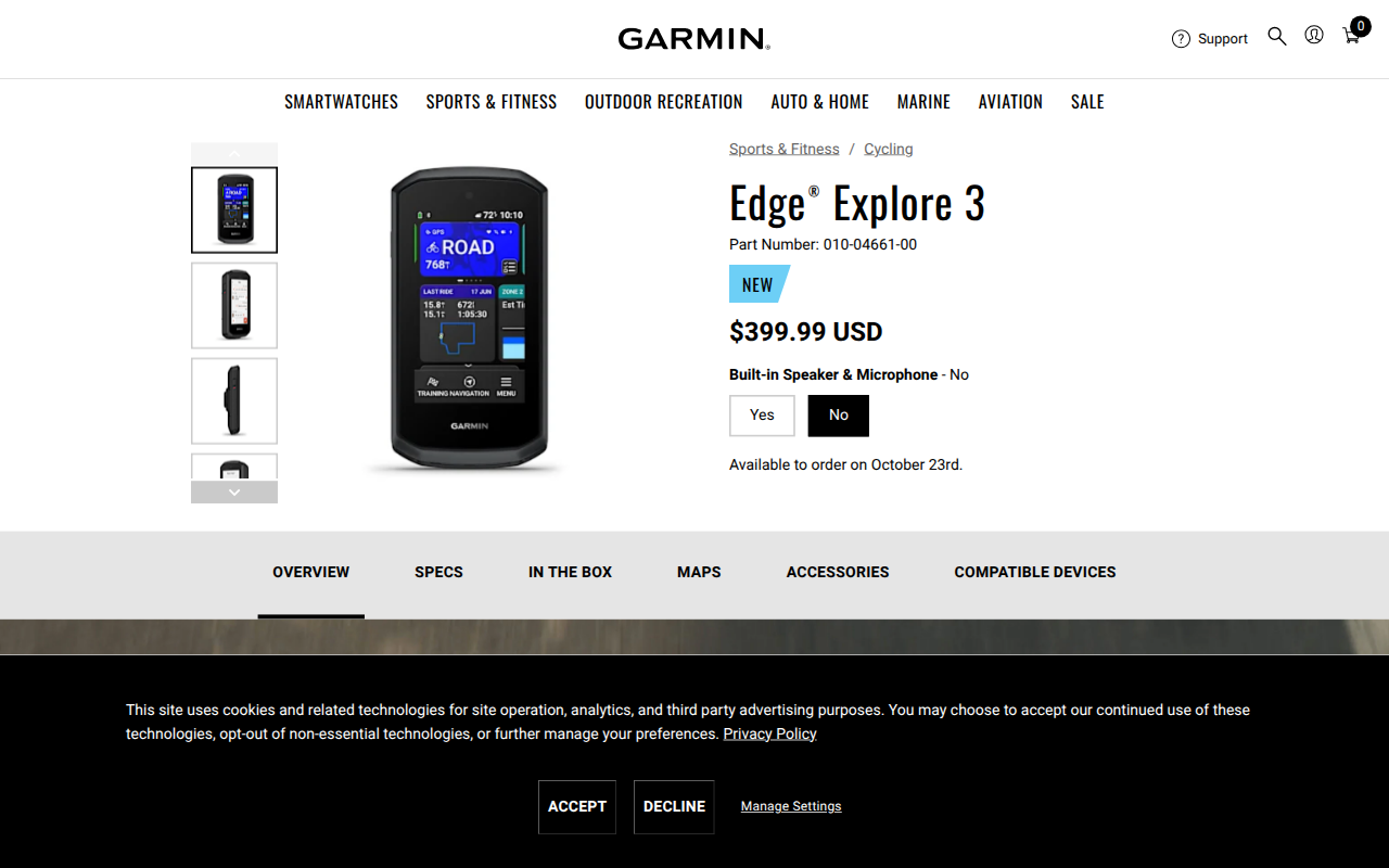 Screenshot der Ankündigungsseite auf garmin.com