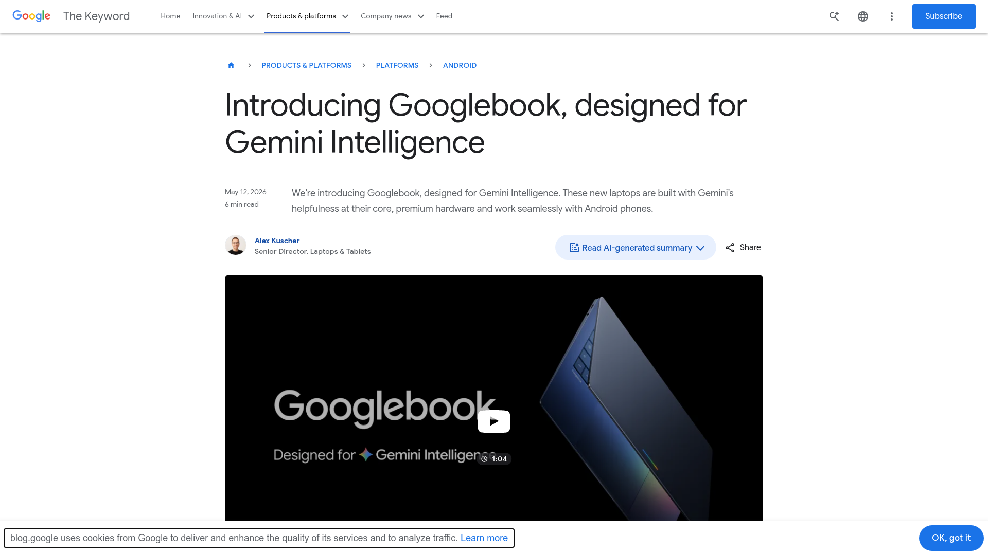 Screenshot der Ankündigungsseite auf blog.google