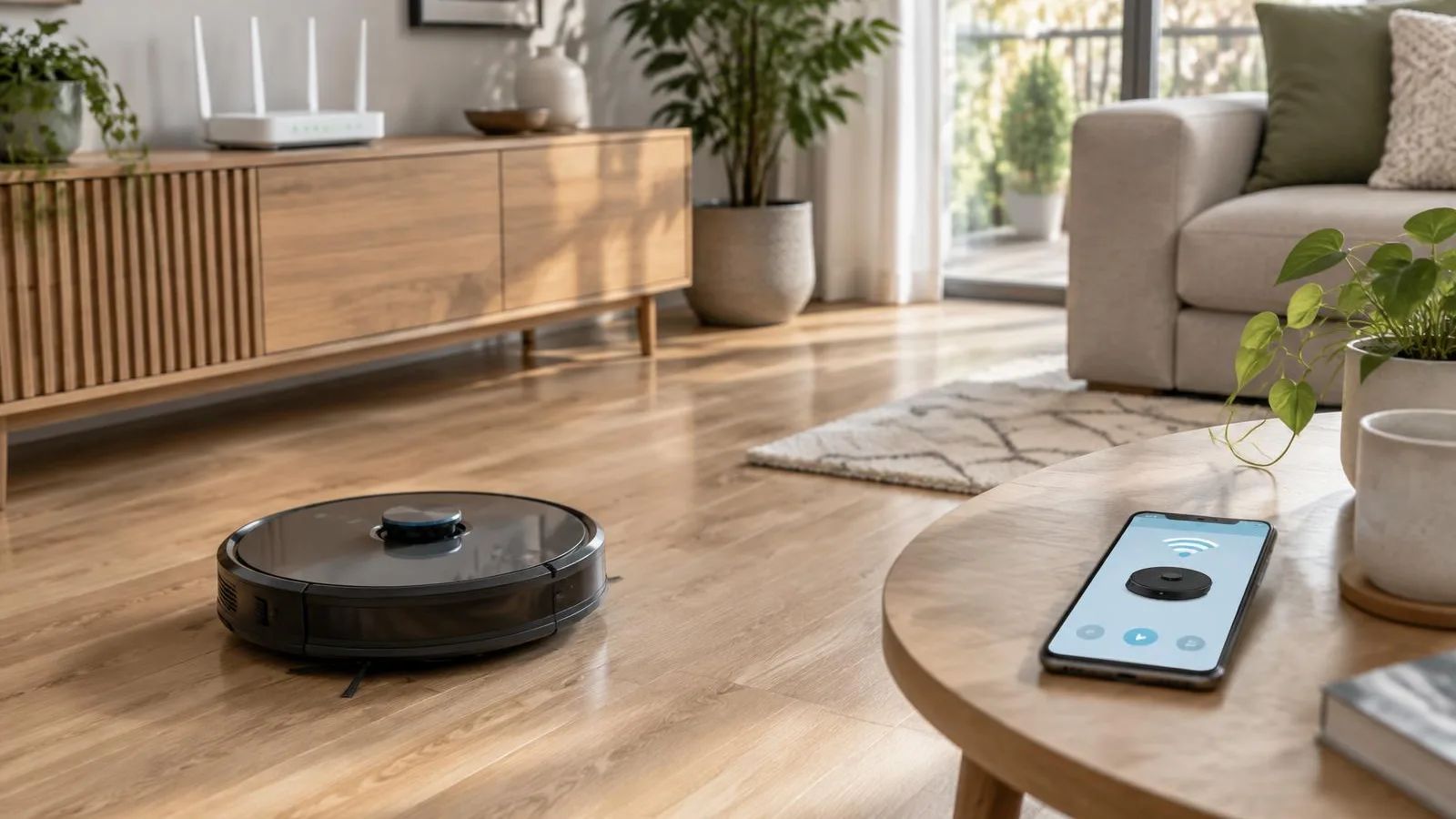 Saugroboter auf Holzboden im Wohnzimmer, im Hintergrund ein WLAN-Router, auf dem Couchtisch ein Smartphone mit Saugroboter-App