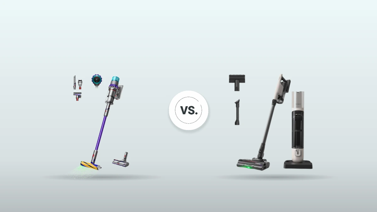 Hersteller-Grafik: Kampf der Giganten: Dyson Gen5detect™ Absolute vs. Tineco PURE ONE Station für Tierhaar-freie Zonen