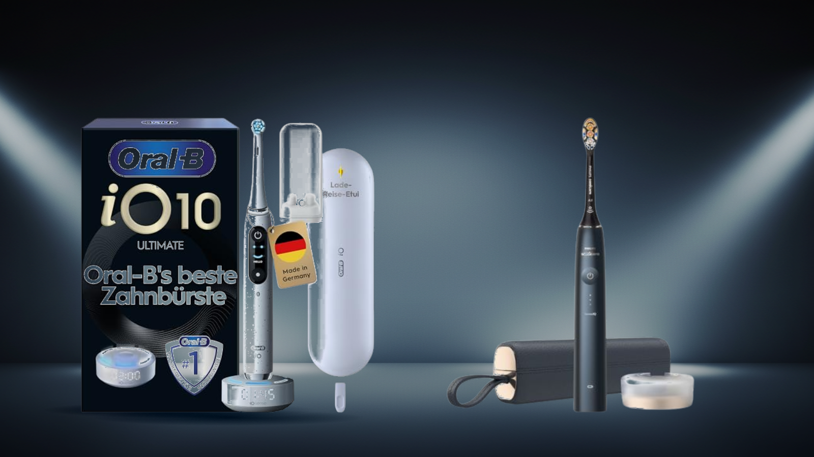 Produktvergleich – Pressebilder der getesteten Modelle: Oral-B iO Series 10 vs Philips Sonicare DiamondClean Prestige: Das…
