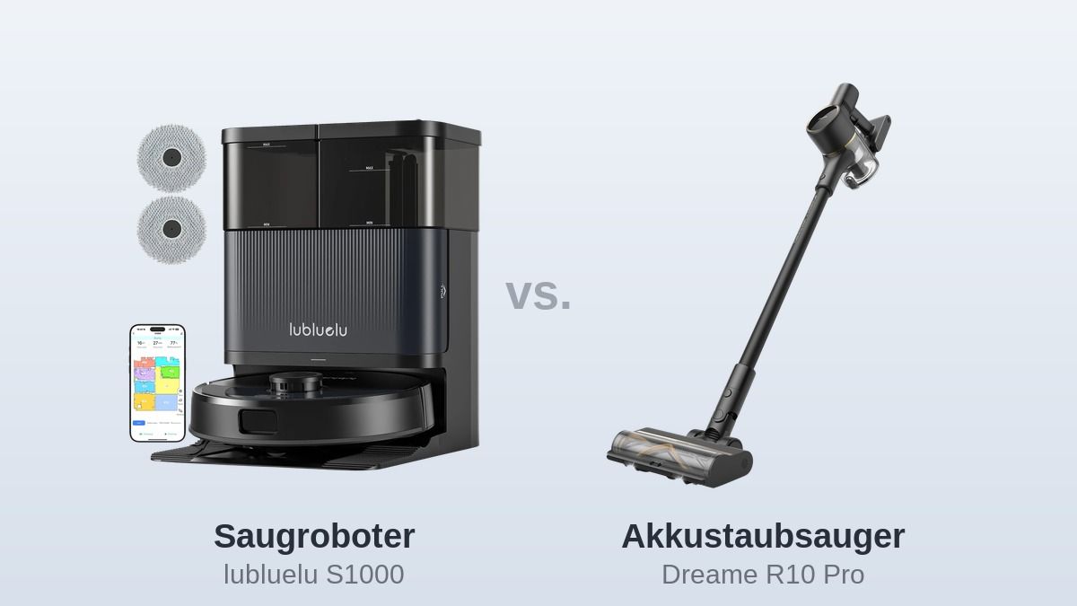 lubluelu S1000 Saugroboter neben Dreame R10 Pro Akkustaubsauger