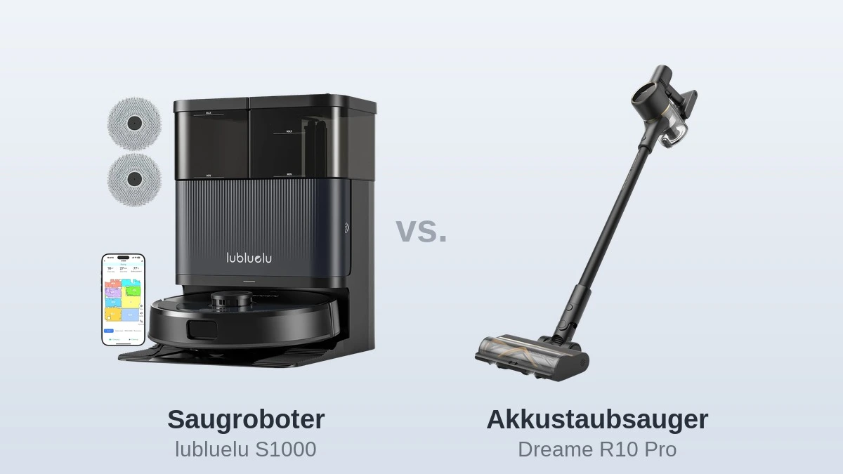 lubluelu S1000 Saugroboter neben Dreame R10 Pro Akkustaubsauger