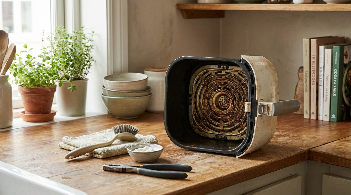 KI-Visualisierung – Symbolbild: Airfryer reinigen: Der Geheim-Trick gegen Eingebranntes & Co.