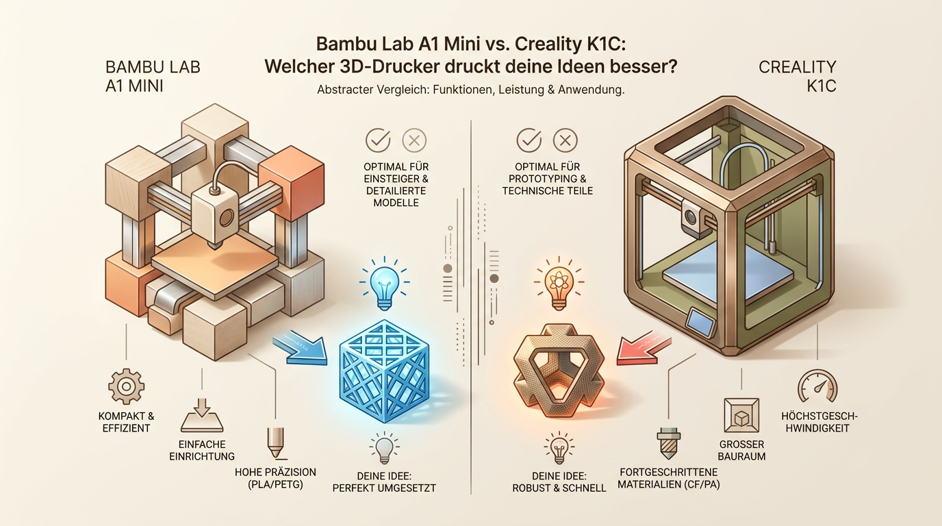 Symbolbild: Bambu Lab A1 Mini vs. Creality K1C: Welcher 3D-Drucker für kreative Köpfe?