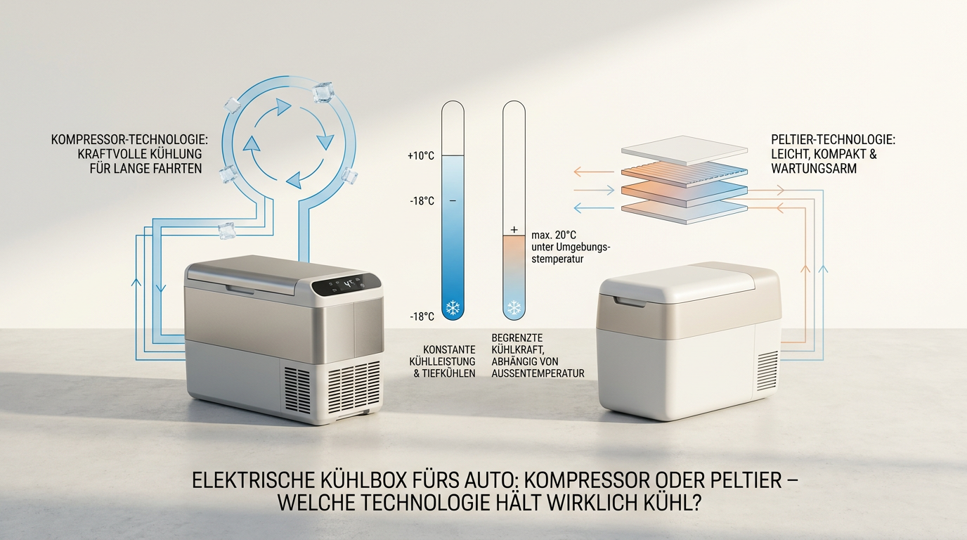 KI-Visualisierung – Symbolbild: Elektrische Kühlbox fürs Auto: Kompressor vs. Peltier – Welcher Kühlt, wenn's drauf ankommt?