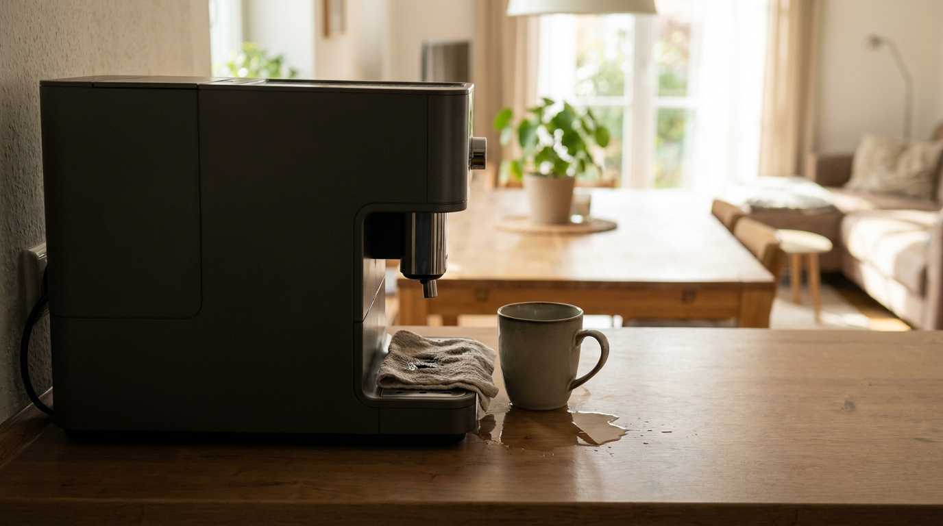 KI-Visualisierung – Symbolbild: <h1>Kaffeemaschine tropft: So beheben Sie Wasserverlust am Vollautomaten!</h1>