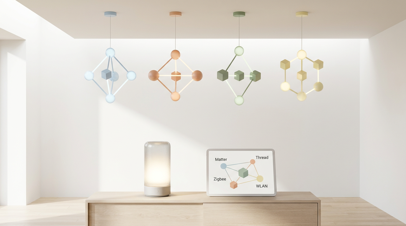 KI-Visualisierung – Symbolbild: Smarte Lampen Standards: Matter, Thread, Zigbee oder WLAN – Der richtige Weg zu deinem…