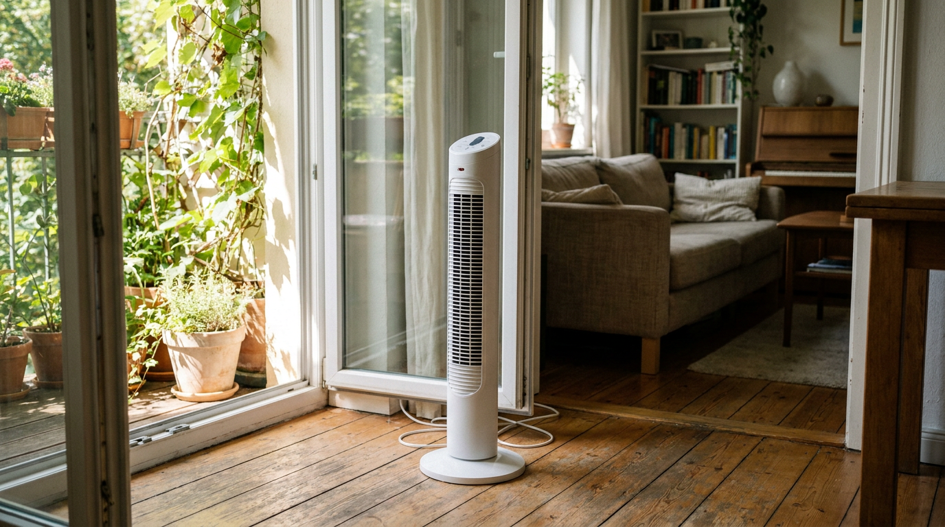 KI-Visualisierung – Symbolbild: Turmventilator Standort: So kühlen Sie im August 3°C besser!