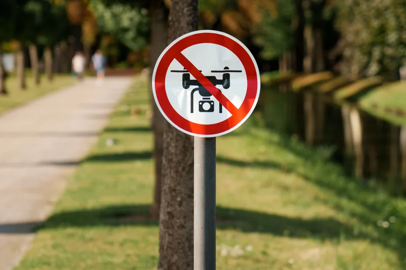 Verbotsschild für Drohnen an einem Parkweg – Hinweis auf eine Flugverbotszone