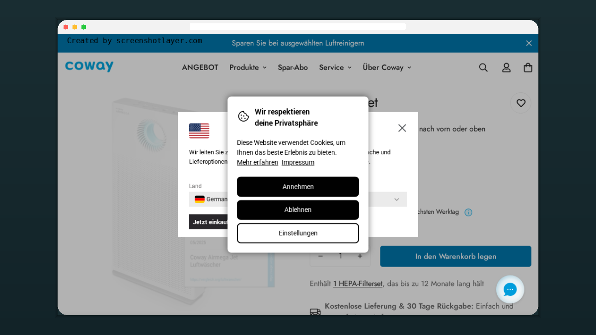 Screenshot: Coway Airmega Jet: Luftreiniger mit MegaJet-Technologie für 104 m²