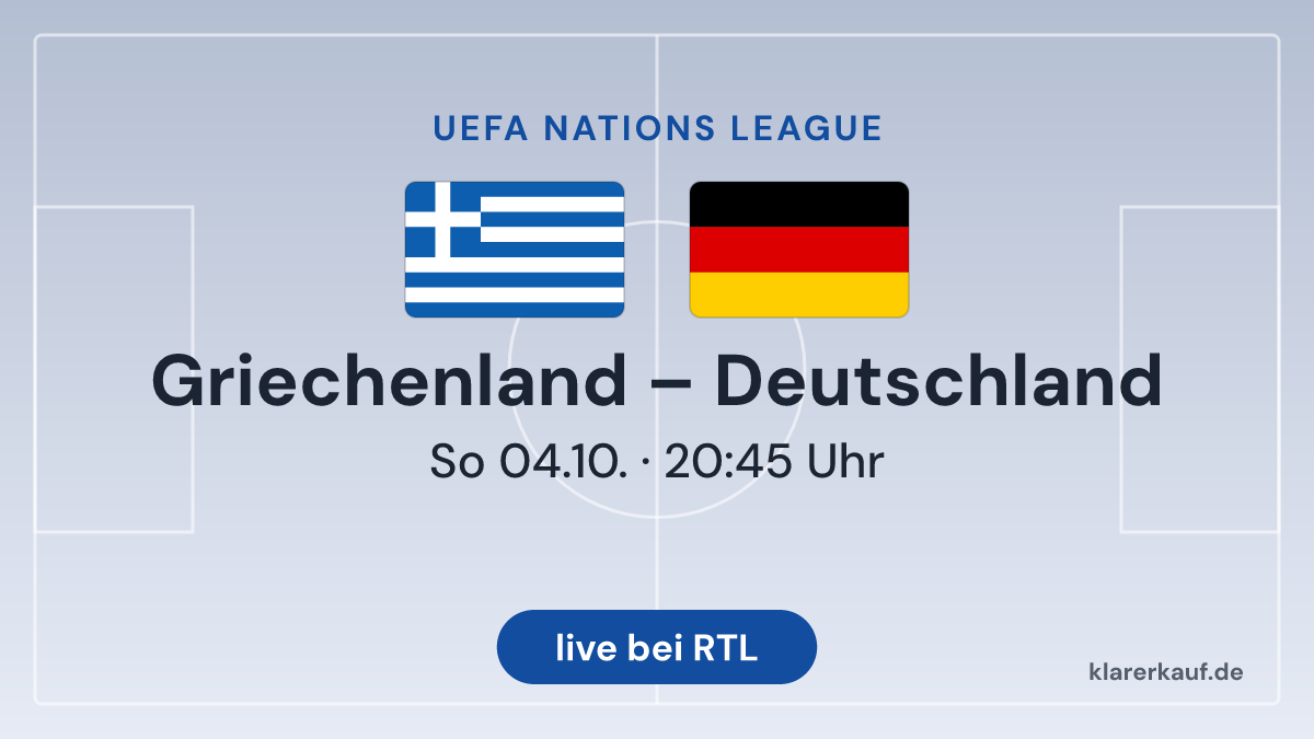 Titelgrafik Griechenland gegen Deutschland, Nations League, 4. Oktober 2026, 20:45 Uhr, RTL