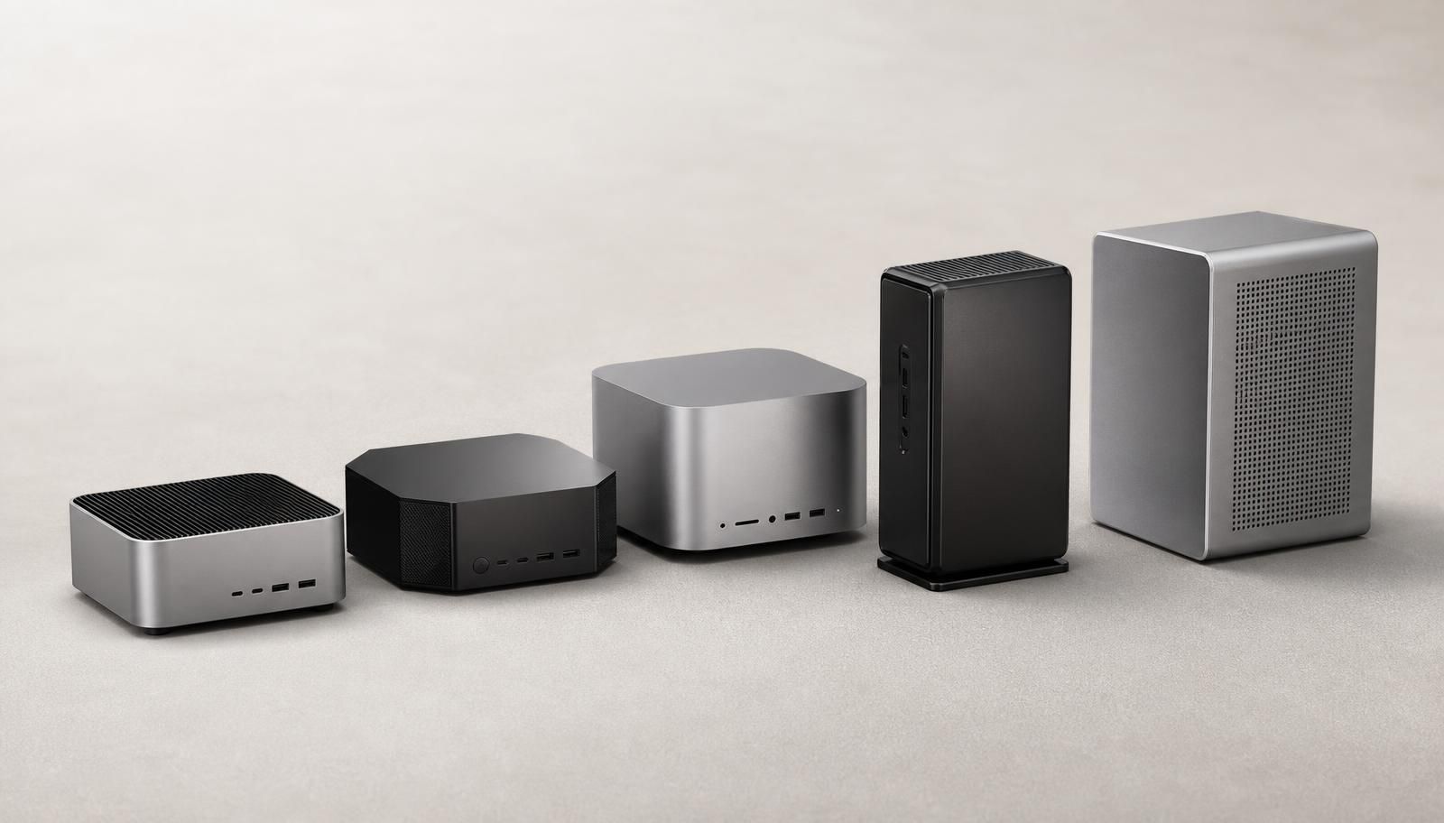 Fünf unterschiedlich geformte Mini-PCs nebeneinander auf hellem Untergrund
