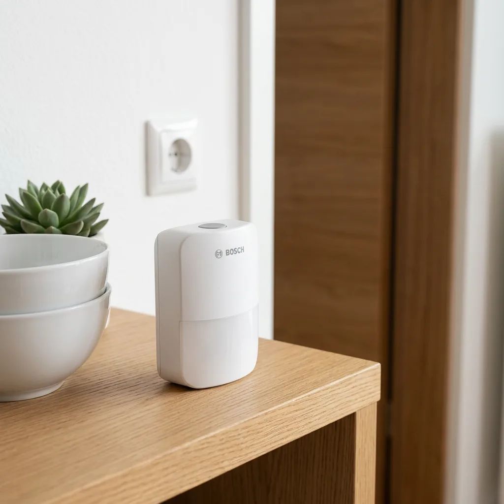 Bosch Bewegungsmelder II [+M] – shown from the side in a calm, tidy setting with soft daylight