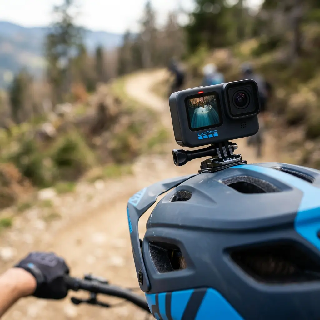 KI-Visualisierung: GoPro HERO am Fahrradhelm beim Mountainbiken