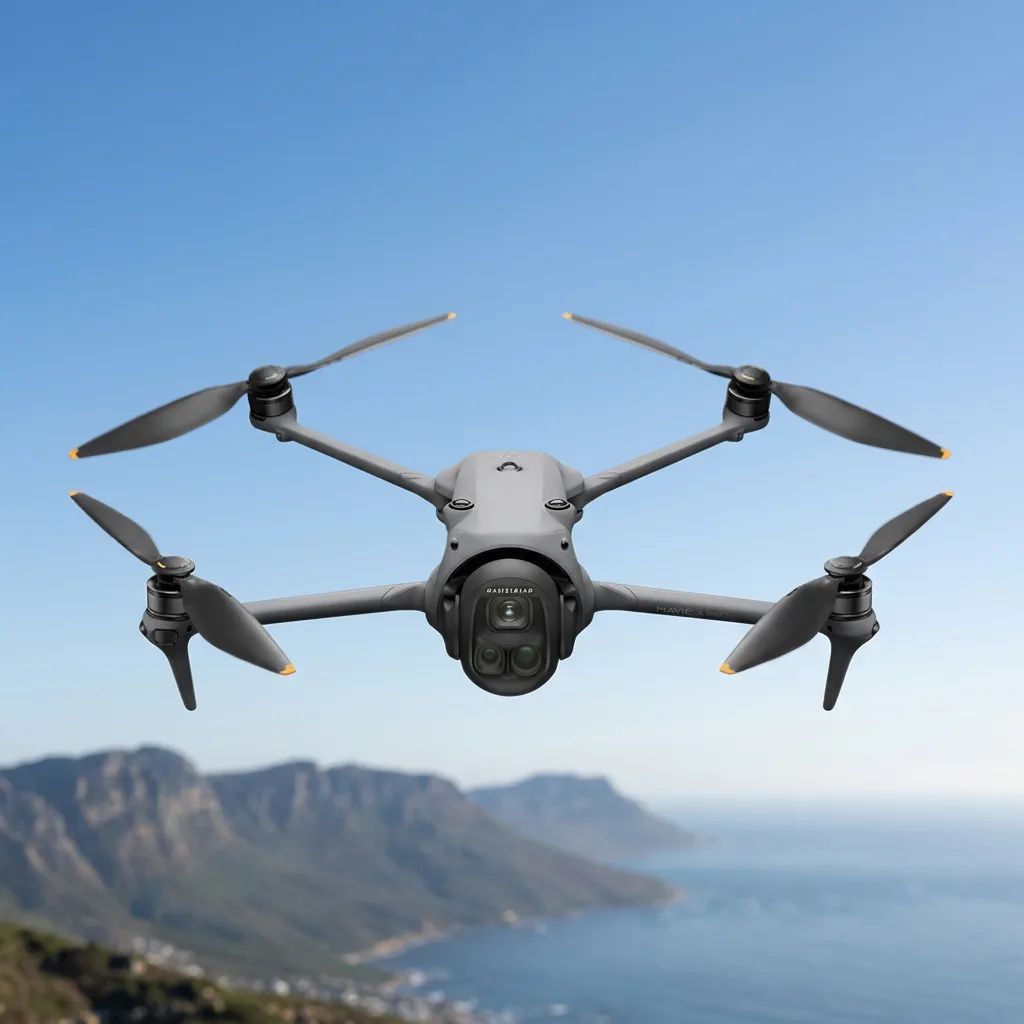 KI-Visualisierung: DJI Mavic 4 Pro im Schwebeflug vor blauem Himmel