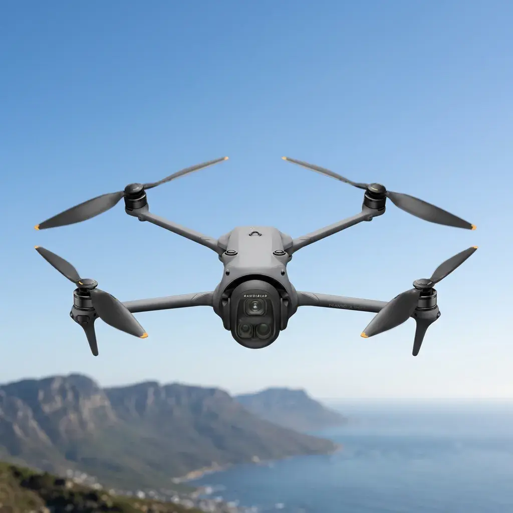 KI-Visualisierung: DJI Mavic 4 Pro im Schwebeflug vor blauem Himmel