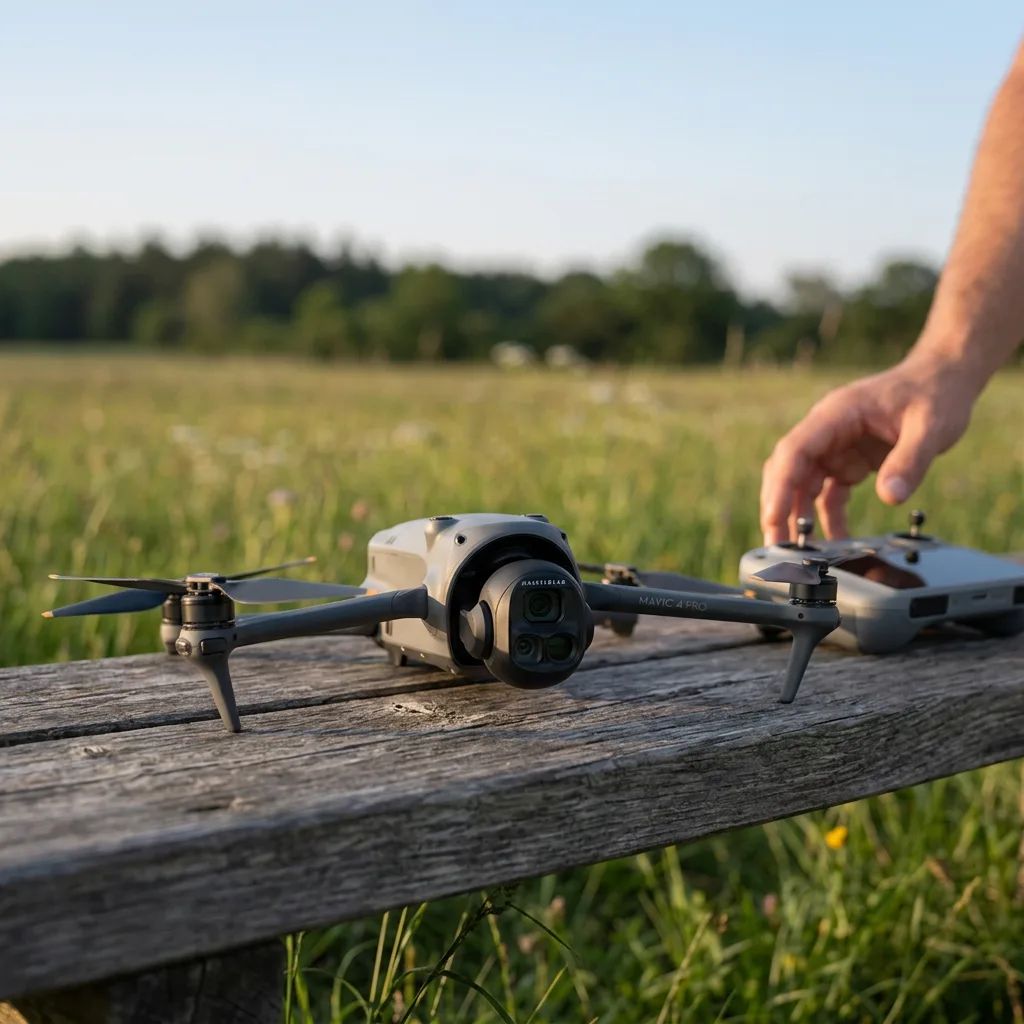 KI-Visualisierung: DJI Mavic 4 Pro Drohne mit Controller startbereit abgestellt