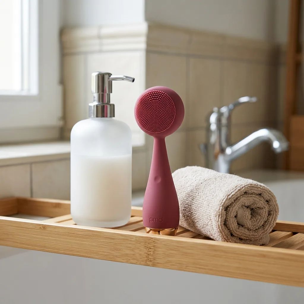 KI-Visualisierung: PMD Beauty PMD Clean Pro Reinigungsgerät auf Regal neben Seifenspender