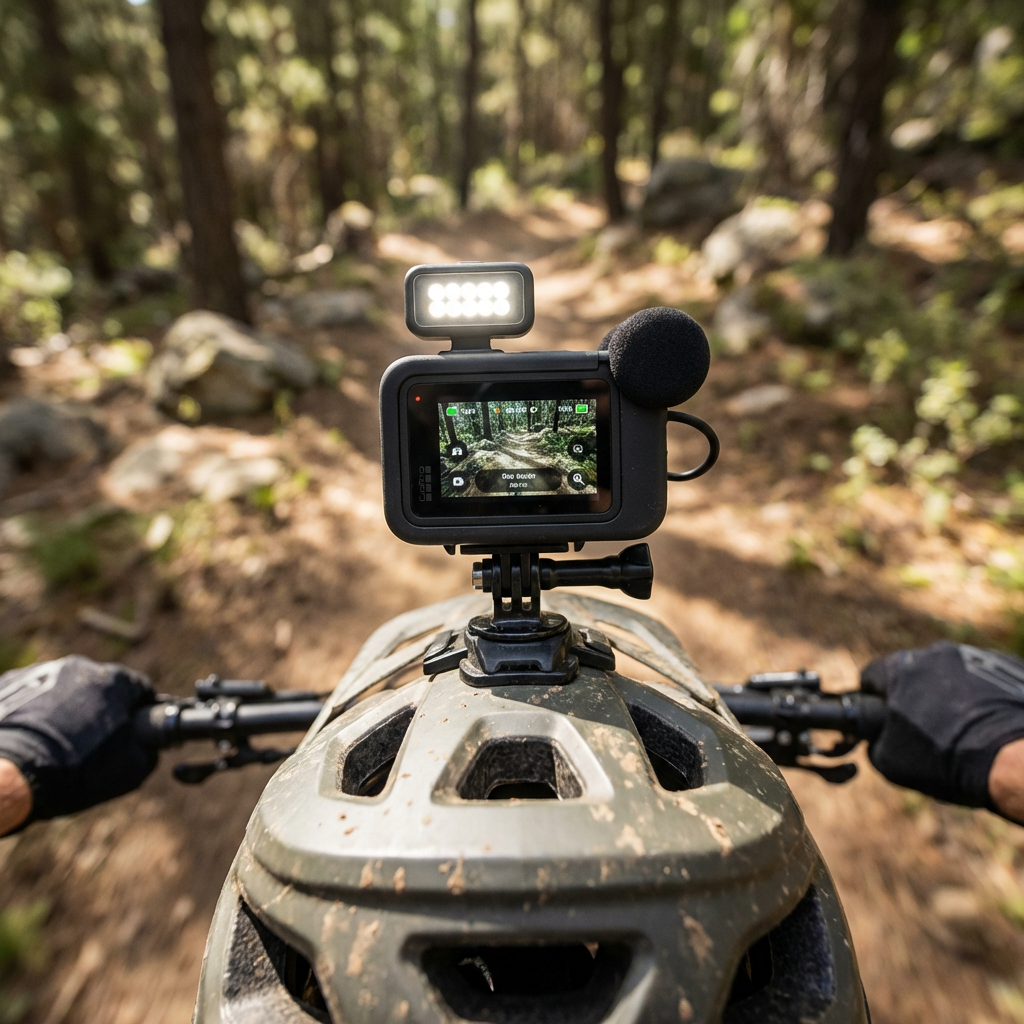 KI-Visualisierung: GoPro Hero 13 Black Creator Edition Actionkamera am Helm beim Mountainbiken