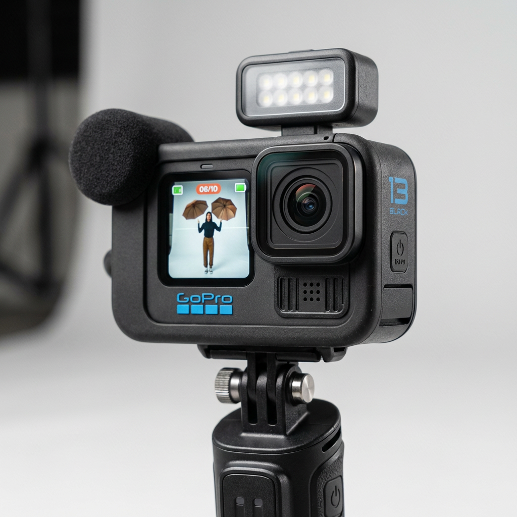 KI-Visualisierung: GoPro Hero 13 Black Creator Edition Linse und Bedienelemente einer Kamera