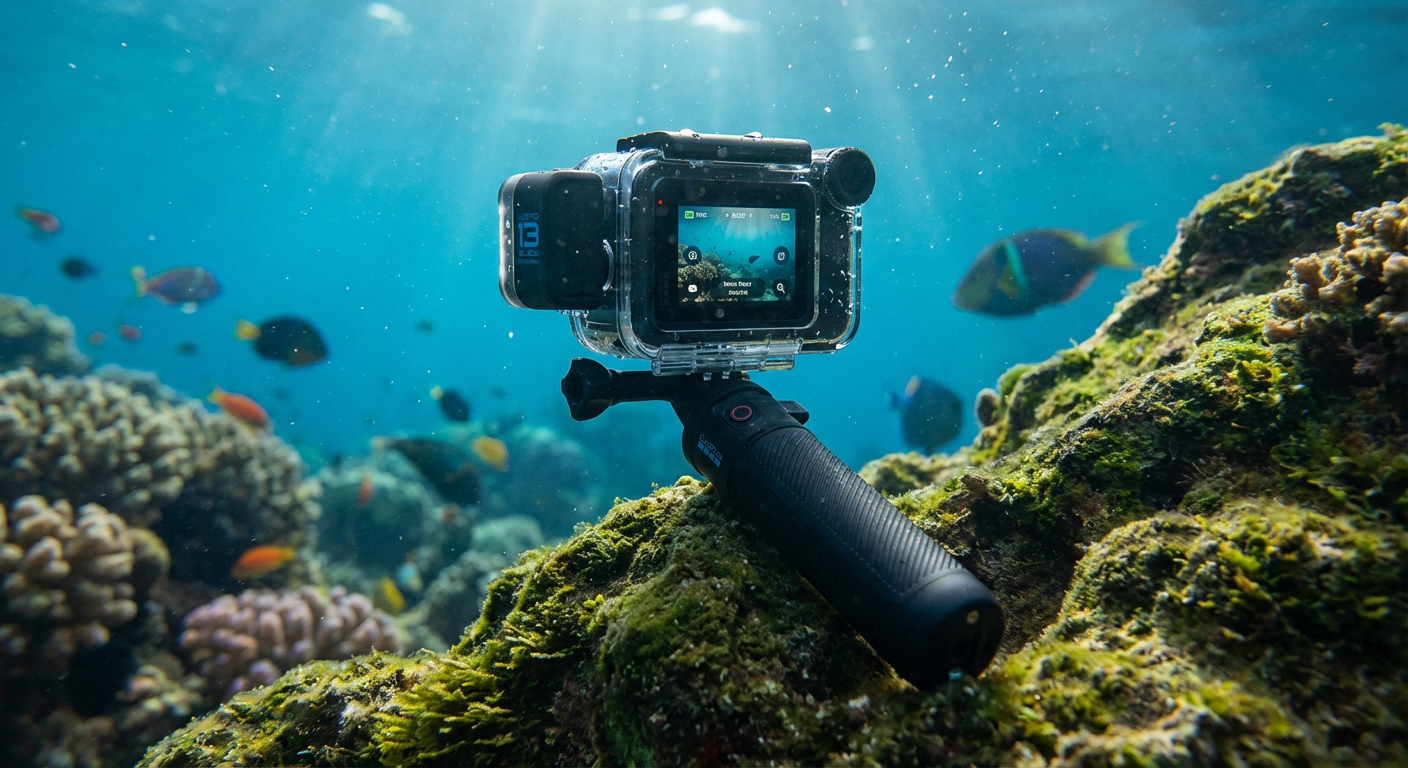KI-Visualisierung: GoPro Hero 13 Black Creator Edition Actionkamera in Unterwassergehäuse am Wasser