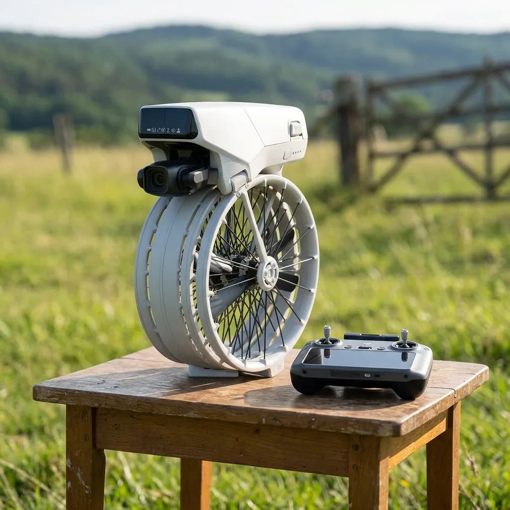 KI-Visualisierung: DJI Flip Drohne neben Controller vor dem Start