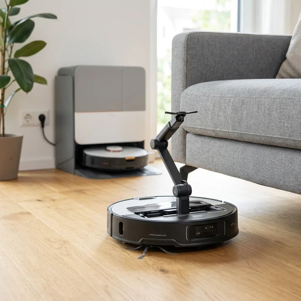 KI-Visualisierung: Roborock Saros Z70 Roboterstaubsauger bei Reinigung unter Möbeln