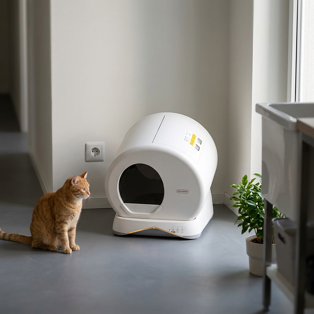 KI-Visualisierung: MeoWant Self-Cleaning Cat Litter Box MW-SC01 Selbstreinigendes Katzenklo mit einer Katze