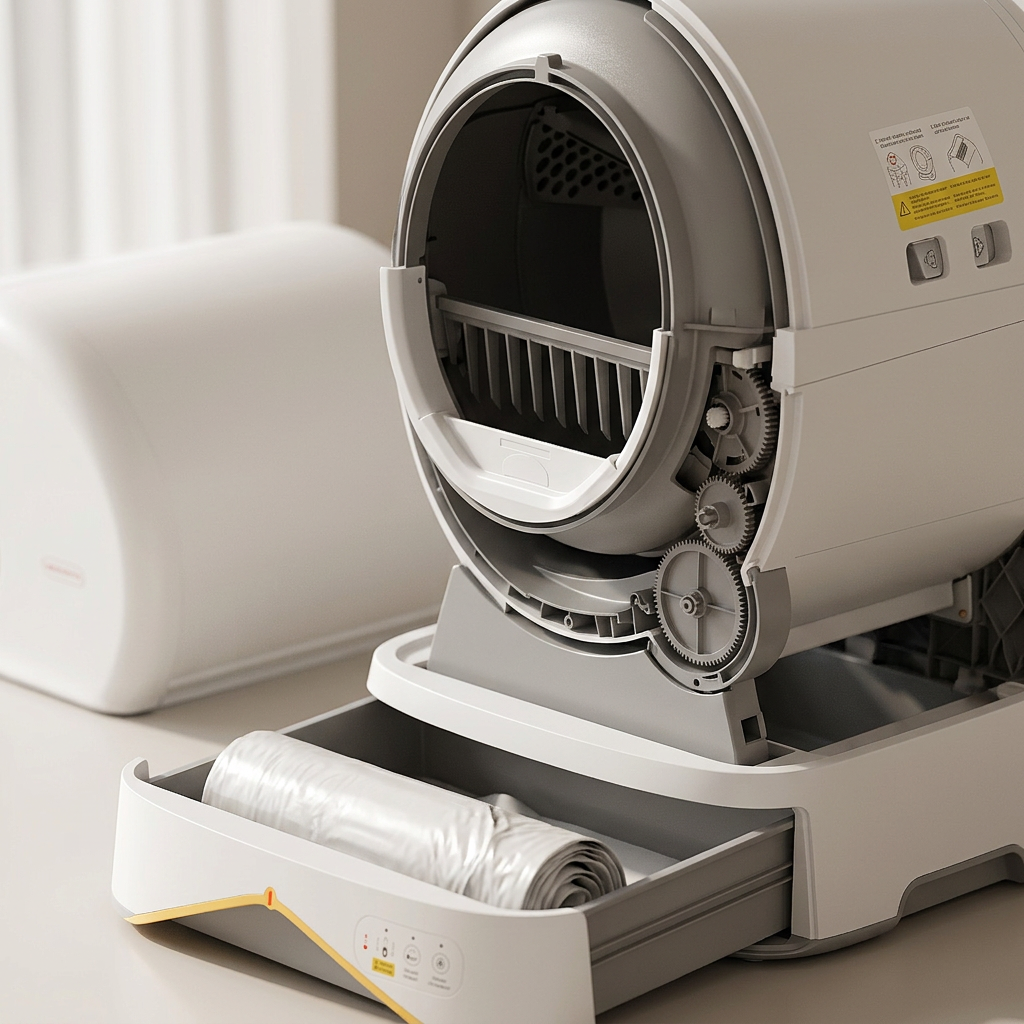 KI-Visualisierung: MeoWant Self-Cleaning Cat Litter Box MW-SC01 Innenmechanik und Abfallfach des Katzenklos