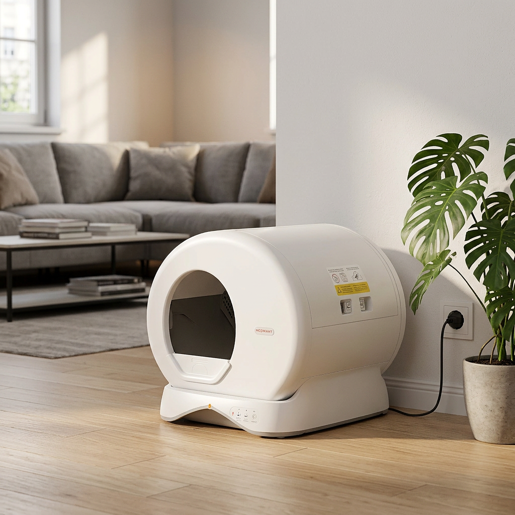 KI-Visualisierung: MeoWant Self-Cleaning Cat Litter Box MW-SC01 Katzenklo in die Wohnungseinrichtung integriert