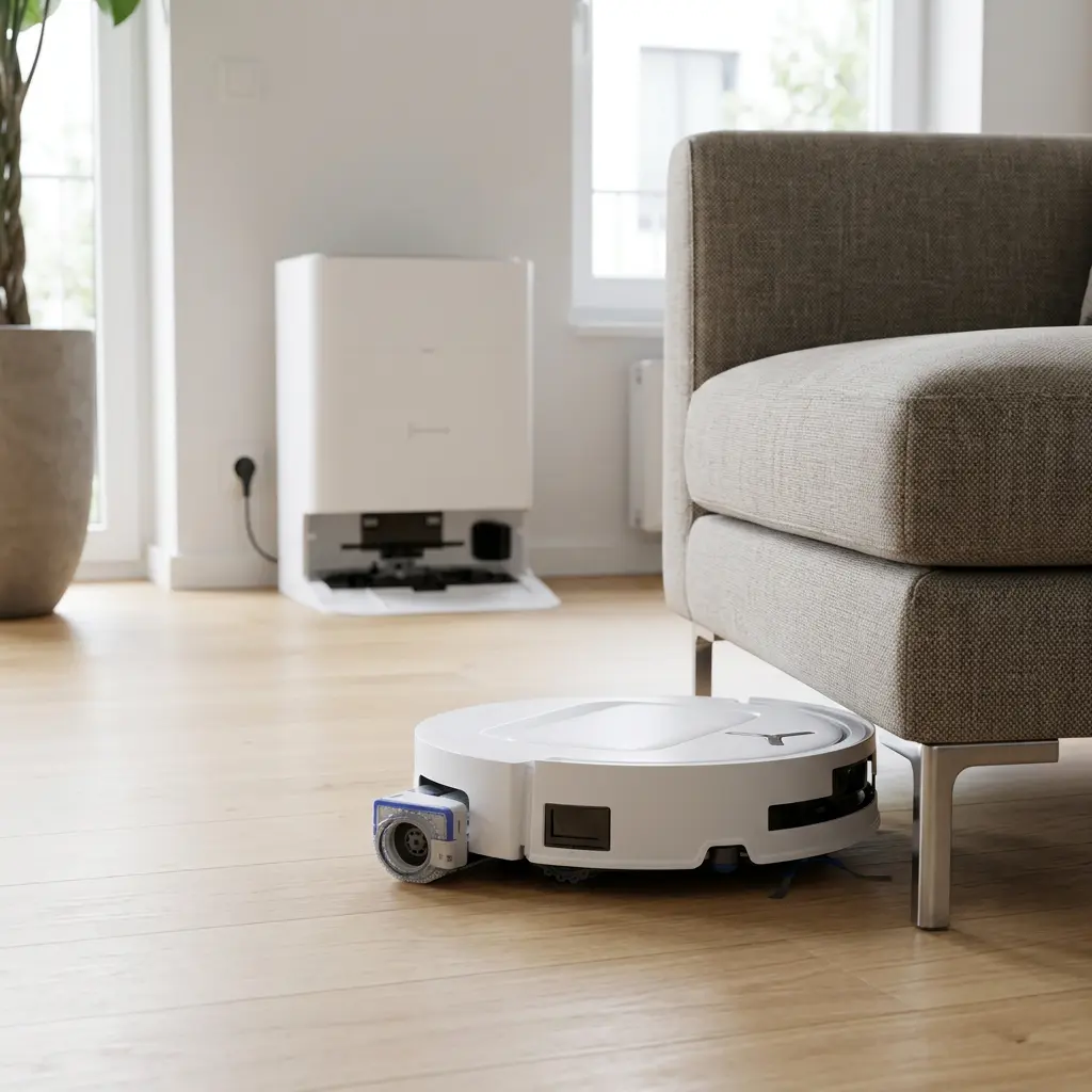 KI-Visualisierung: Ecovacs DEEBOT T80 OMNI Weiß Saugroboter reinigt unter dem Sofa