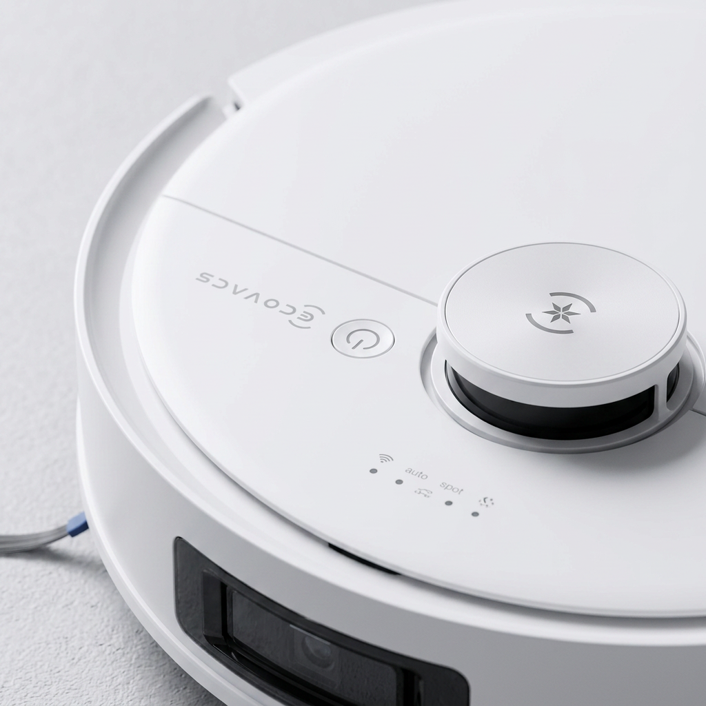 KI-Visualisierung: Ecovacs DEEBOT T80 OMNI Weiß Oberseite mit Tasten und Sensoren