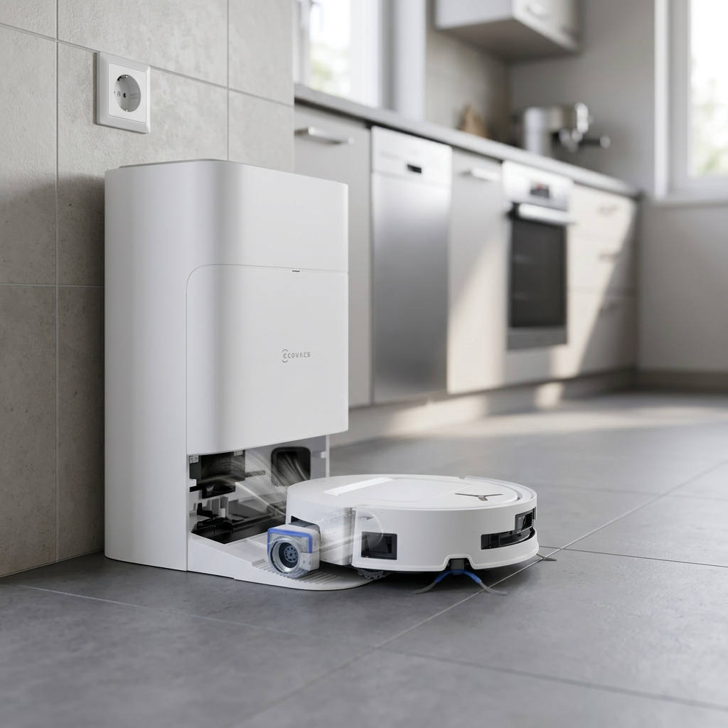 KI-Visualisierung: Ecovacs DEEBOT T80 OMNI Weiß Saugroboter fährt zur Ladestation zurück