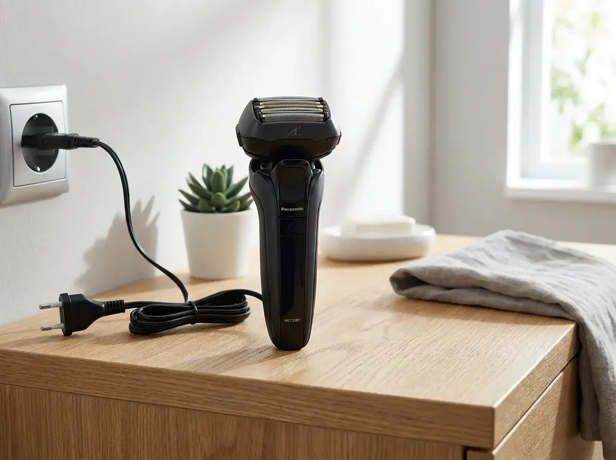KI-Visualisierung: Panasonic ES-LV9U Rasierer auf einer Holzkommode