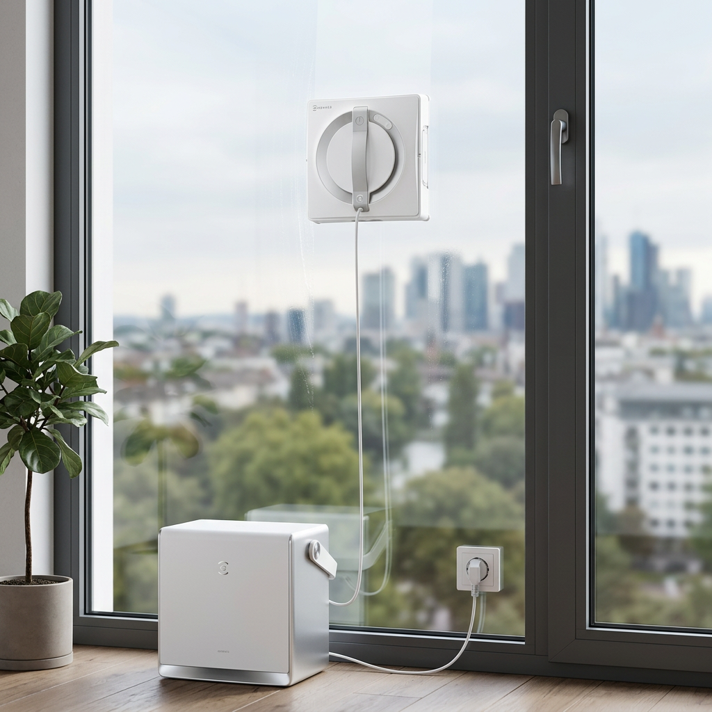 KI-Visualisierung: Ecovacs WINBOT W2 PRO OMNI Fensterputzroboter reinigt eine Glasscheibe