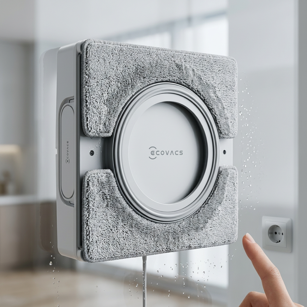 KI-Visualisierung: Ecovacs WINBOT W2 PRO OMNI Saugmechanismus und Reinigungspads im Detail
