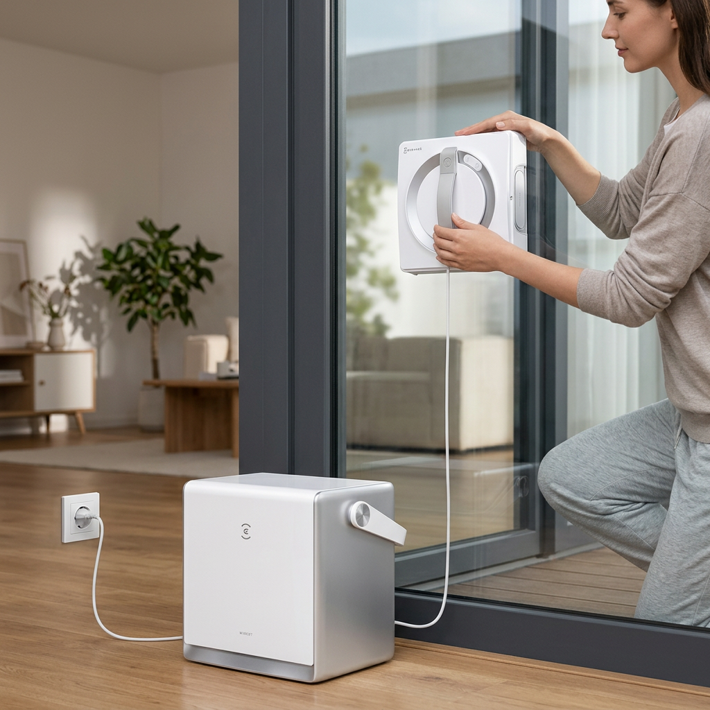 KI-Visualisierung: Ecovacs WINBOT W2 PRO OMNI Fensterputzroboter wird an Scheibe gesetzt