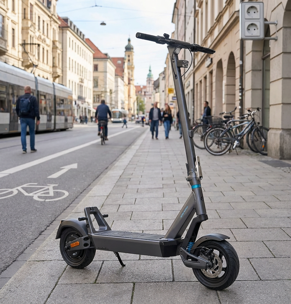 KI-Visualisierung: ePowerFun ePF-PULSE+ E-Scooter auf einem modernen Gehweg