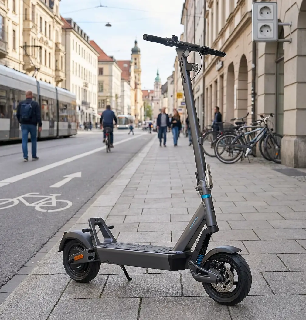 KI-Visualisierung: ePowerFun ePF-PULSE+ E-Scooter auf einem modernen Gehweg