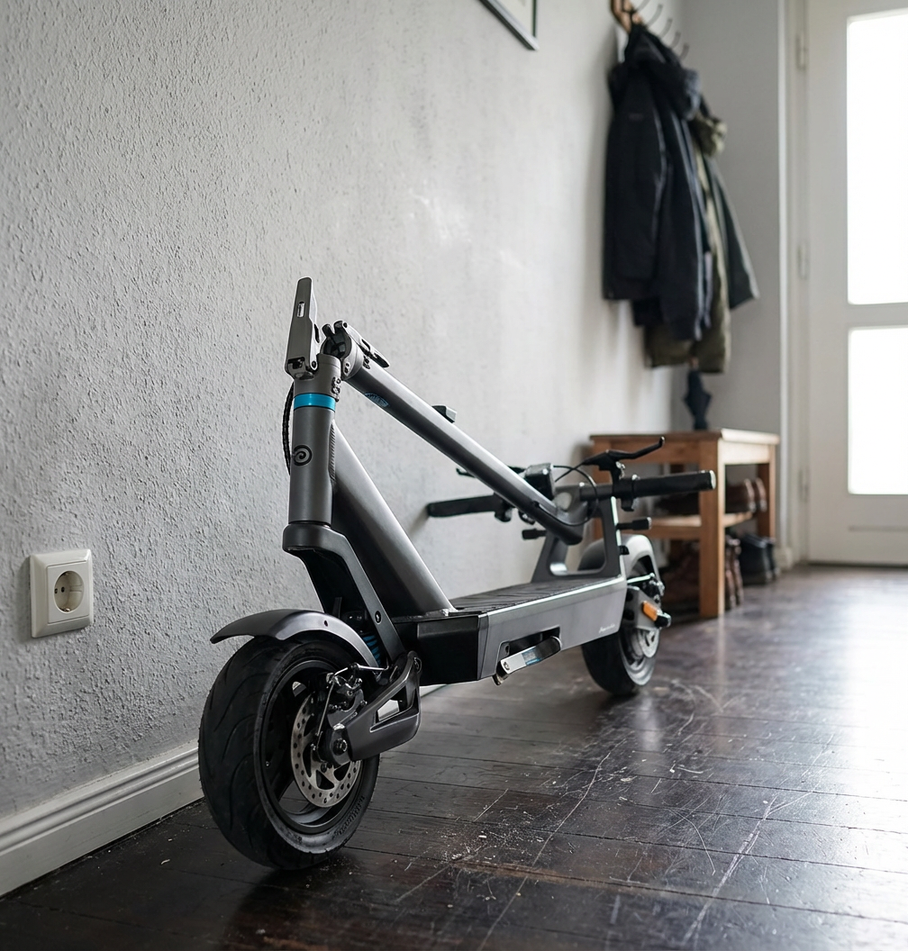 KI-Visualisierung: ePowerFun ePF-PULSE+ Zusammengeklappter E-Scooter an einer Wand