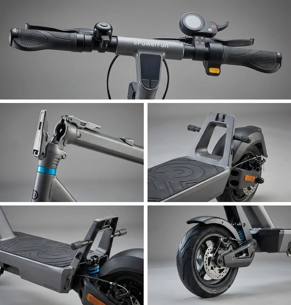 KI-Visualisierung: ePowerFun ePF-PULSE+ Detailansichten eines grauen E-Scooters