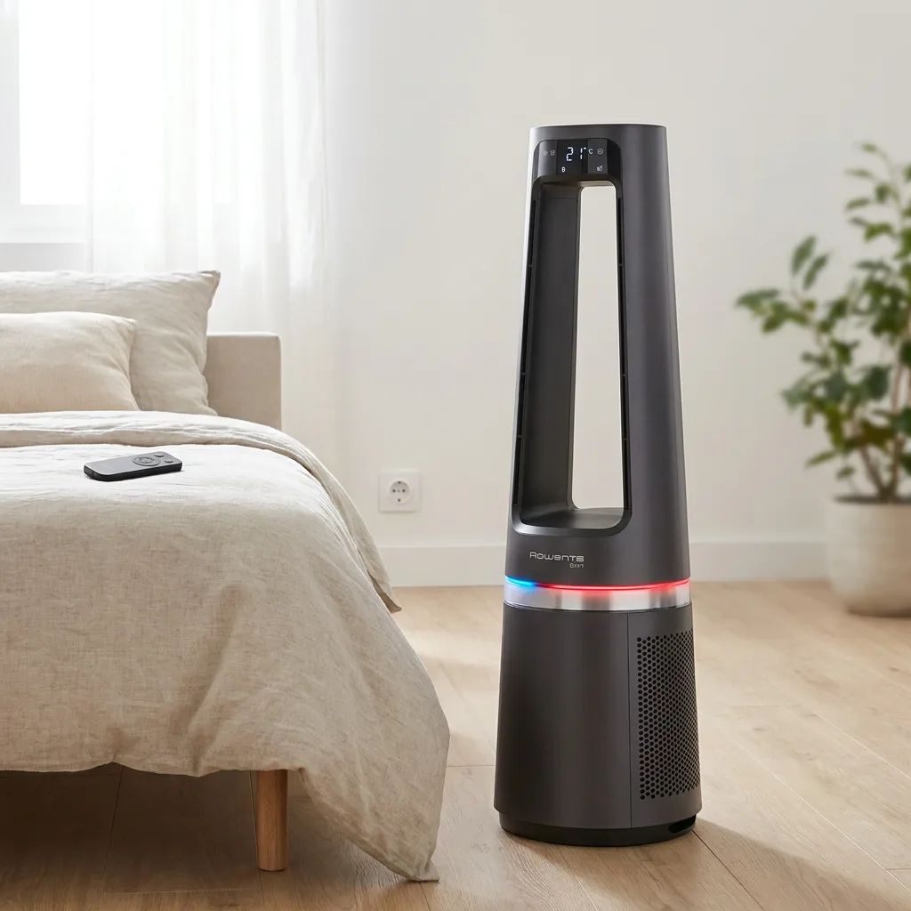 Rowenta Eclipse 3-in-1 Connect Luftreiniger QU5072 – placed on the floor next to a bed, purifying air in a calm sleeping…