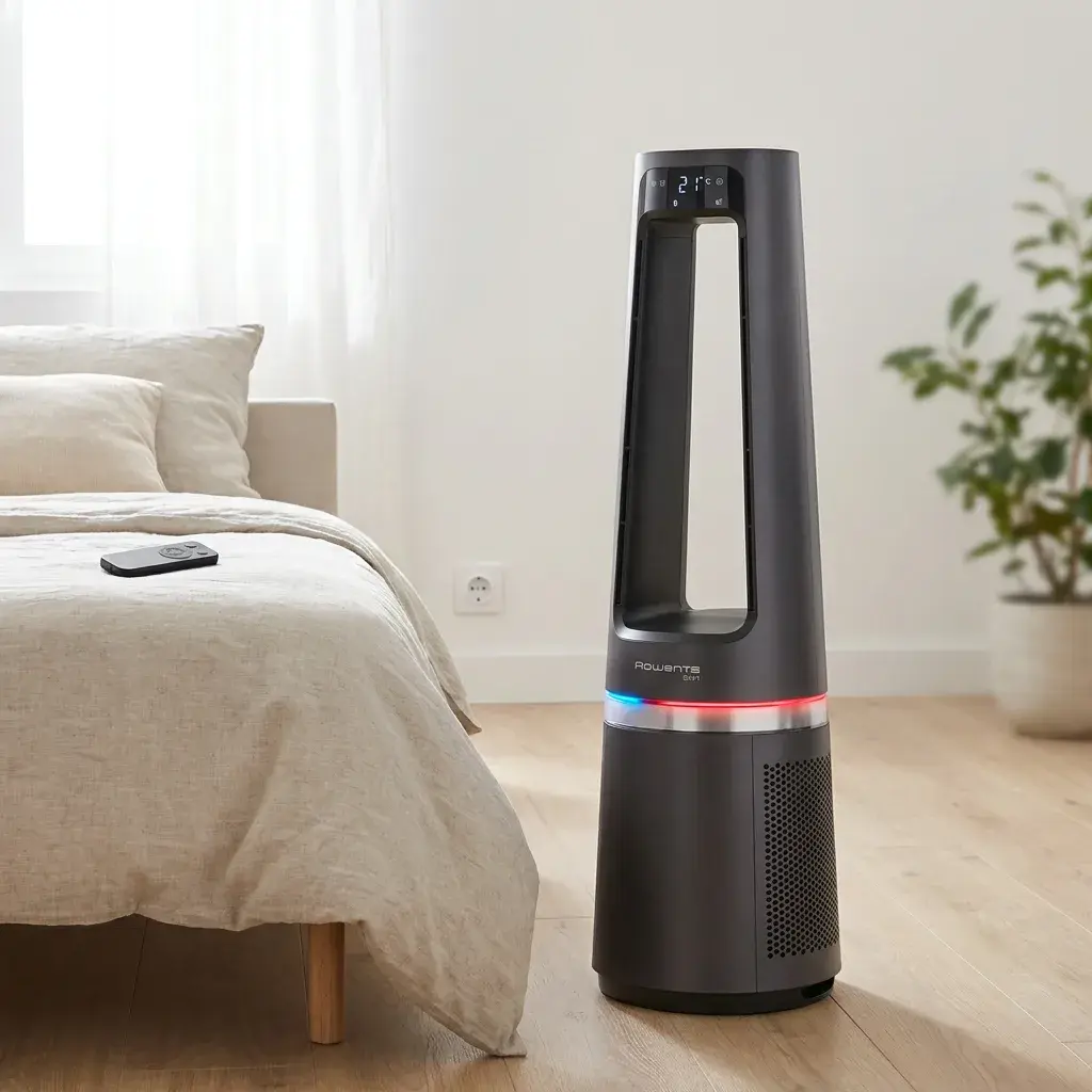 Rowenta Eclipse 3-in-1 Connect Luftreiniger QU5072 – placed on the floor next to a bed, purifying air in a calm sleeping…