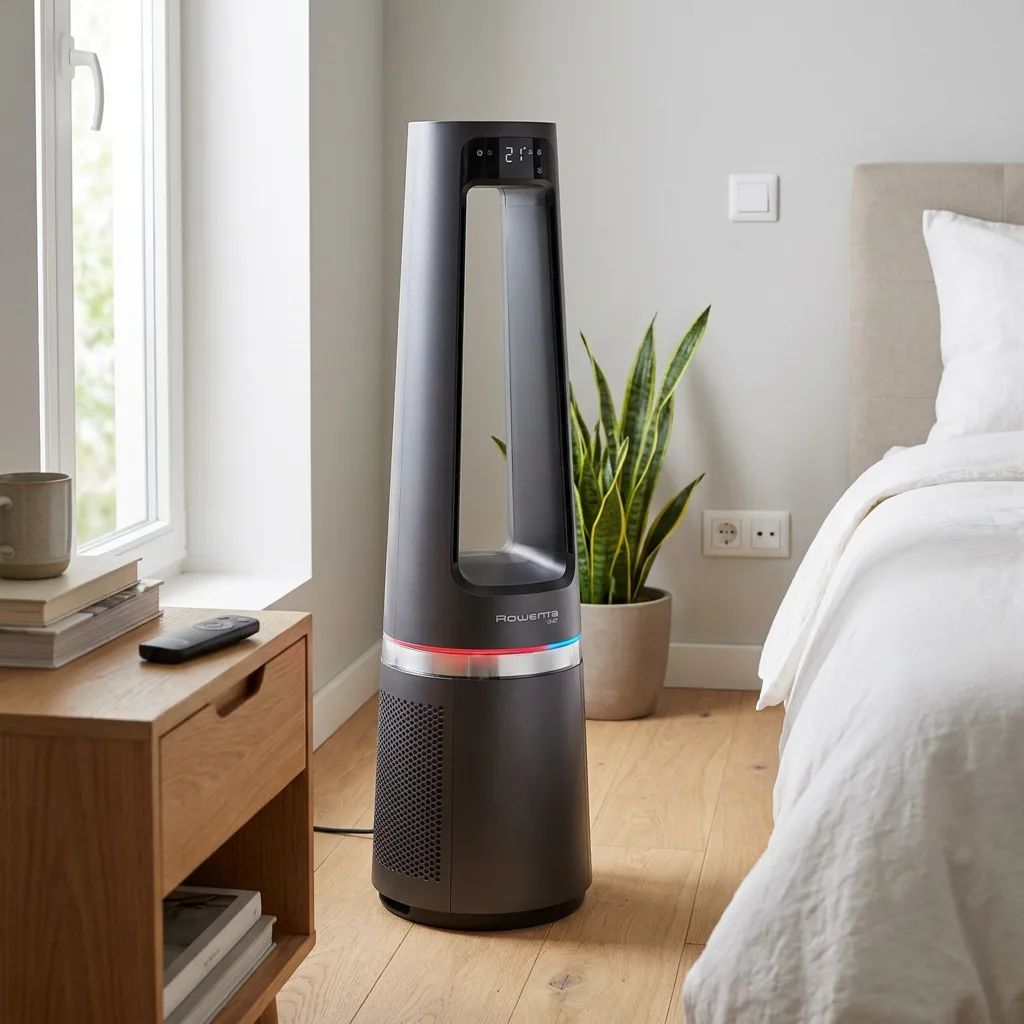 Rowenta Eclipse 3-in-1 Connect Luftreiniger QU5072 – shown from the side in a calm, tidy setting with soft daylight